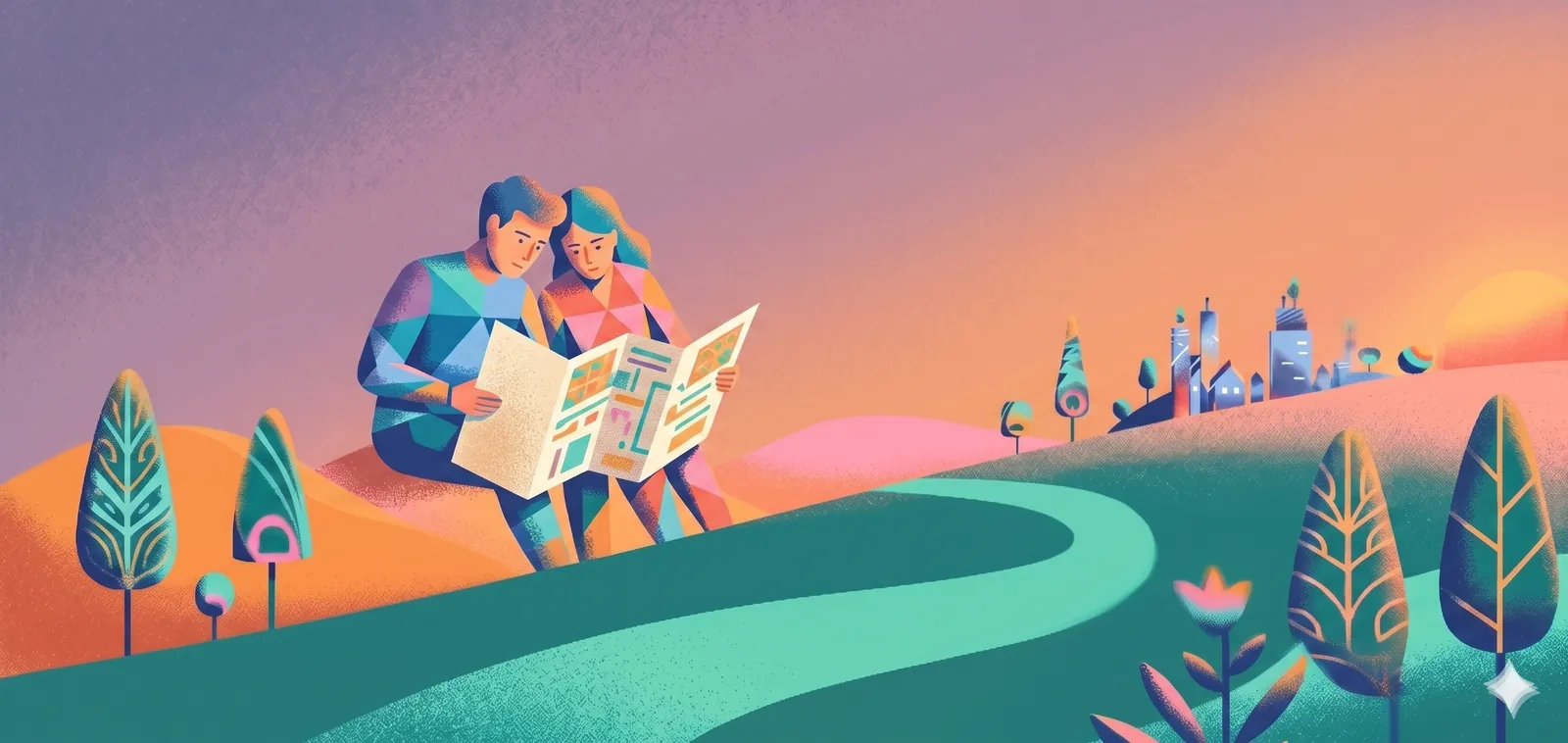 Illustrazione: due figure leggono insieme un documento